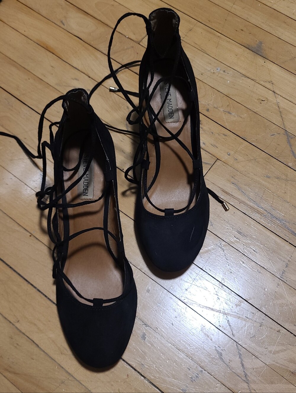 Vintage Steve Madden Black Lace-Up Suede Ballet Flats